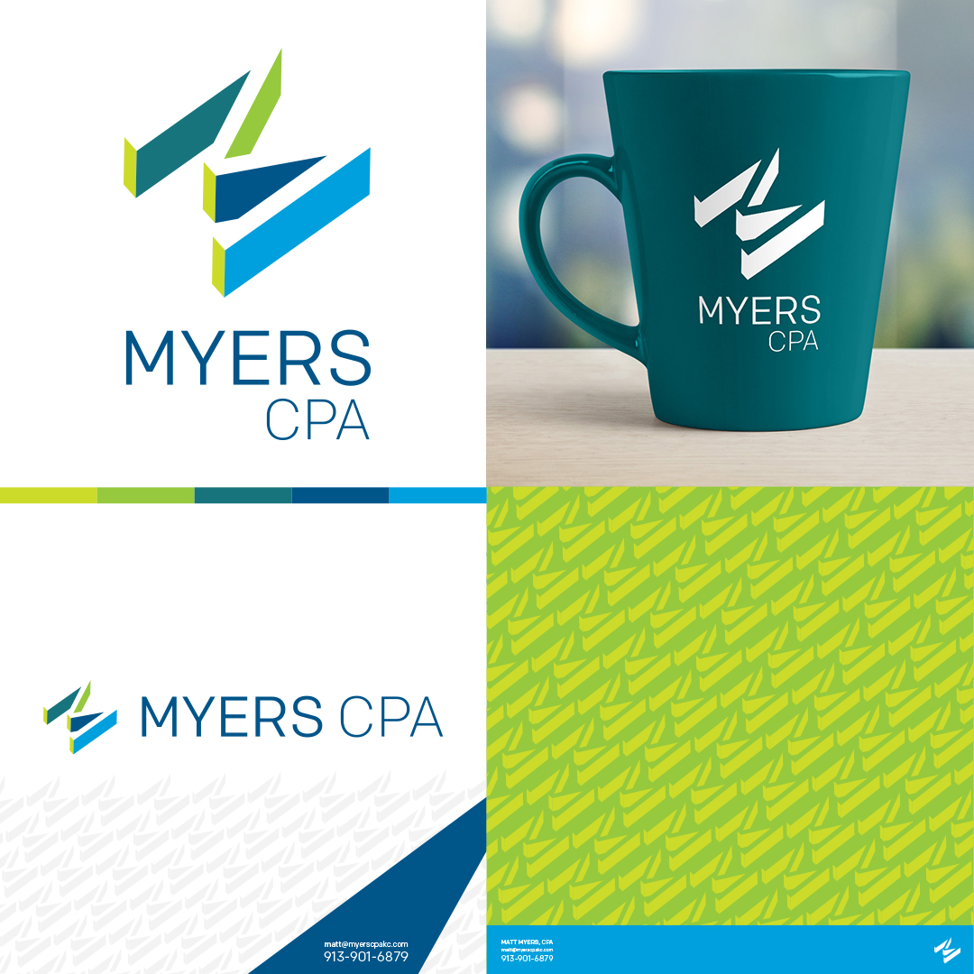 Myers CPA logo, texture and mug